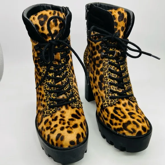 Gianni Bini Ambray Leopard Leather Calf Hair Lug Heeled Mid Calf Platfor…