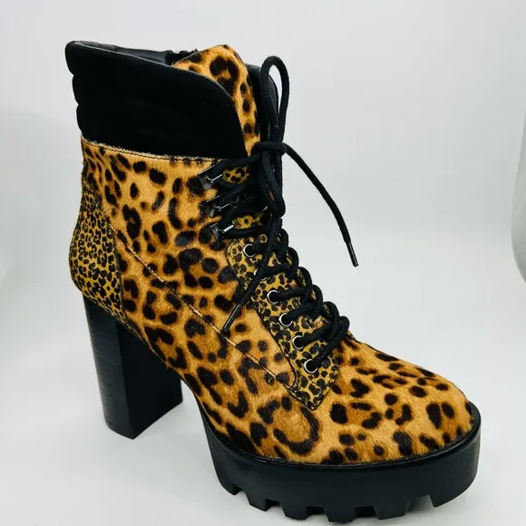 Gianni Bini Ambray Leopard Leather Calf Hair Lug Heeled Mid Calf Platfor…