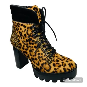 Gianni Bini Ambray Leopard Leather Calf Hair Lug Heeled Mid Calf Platfor…