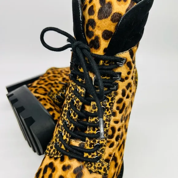 Gianni Bini Ambray Leopard Leather Calf Hair Lug Heeled Mid Calf Platfor…