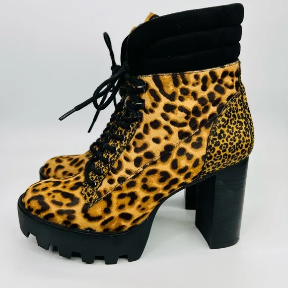 Gianni Bini Ambray Leopard Leather Calf Hair Lug Heeled Mid Calf Platfor…