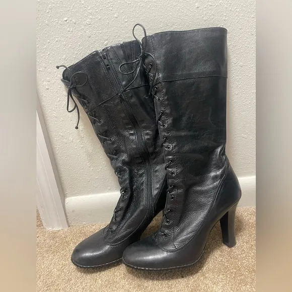 Gianni Bini Lace Up Black Leather Boots 6.5