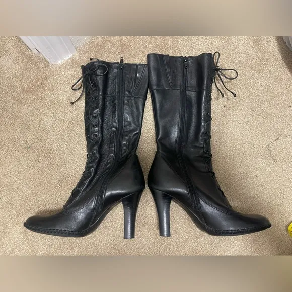 Gianni Bini Lace Up Black Leather Boots 6.5