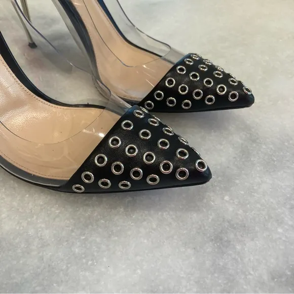 GIANVITO ROSSI Plexi Black Silver Stud Clear Cap Toe Heels