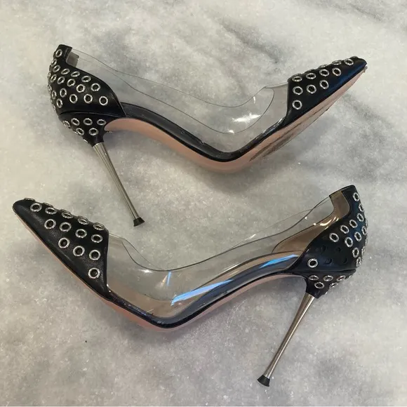 GIANVITO ROSSI Plexi Black Silver Stud Clear Cap Toe Heels