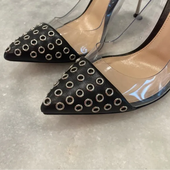 GIANVITO ROSSI Plexi Black Silver Stud Clear Cap Toe Heels