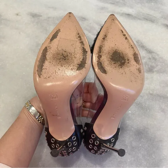 GIANVITO ROSSI Plexi Black Silver Stud Clear Cap Toe Heels