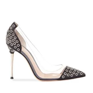 GIANVITO ROSSI Plexi Black Silver Stud Clear Cap Toe Heels