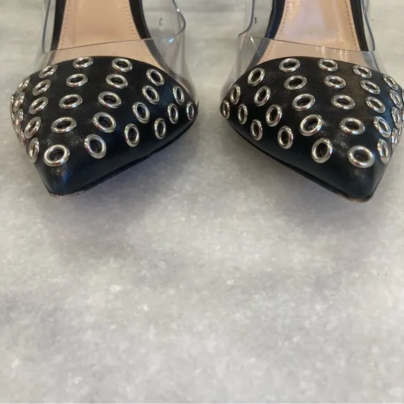 GIANVITO ROSSI Plexi Black Silver Stud Clear Cap Toe Heels