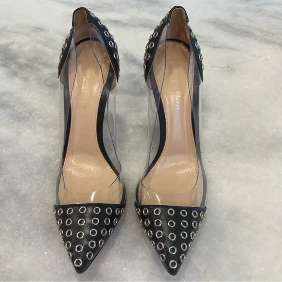 GIANVITO ROSSI Plexi Black Silver Stud Clear Cap Toe Heels