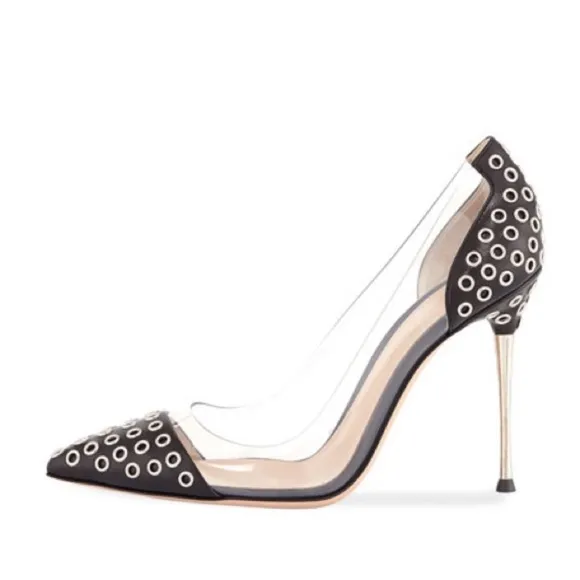 GIANVITO ROSSI Plexi Black Silver Stud Clear Cap Toe Heels