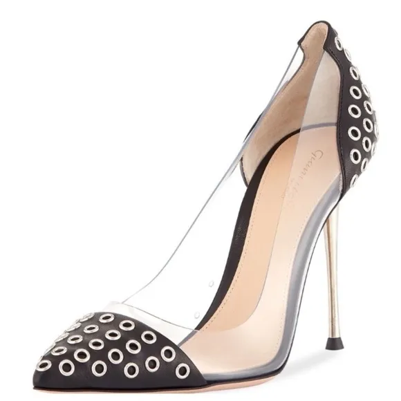 GIANVITO ROSSI Plexi Black Silver Stud Clear Cap Toe Heels