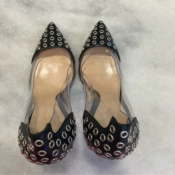 GIANVITO ROSSI Plexi Black Silver Stud Clear Cap Toe Heels