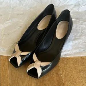 Giorgio Armani Black and Cream low Wedges with Peep-Toe