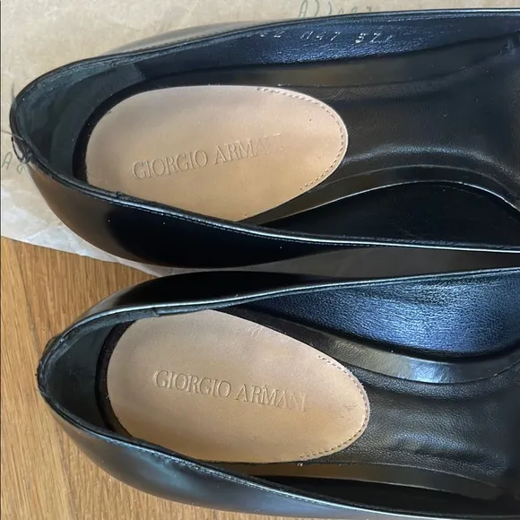 Giorgio Armani Black and Cream low Wedges with Peep-Toe