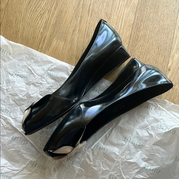 Giorgio Armani Black and Cream low Wedges with Peep-Toe