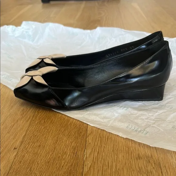 Giorgio Armani Black and Cream low Wedges with Peep-Toe