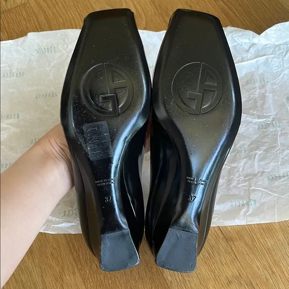 Giorgio Armani Black and Cream low Wedges with Peep-Toe