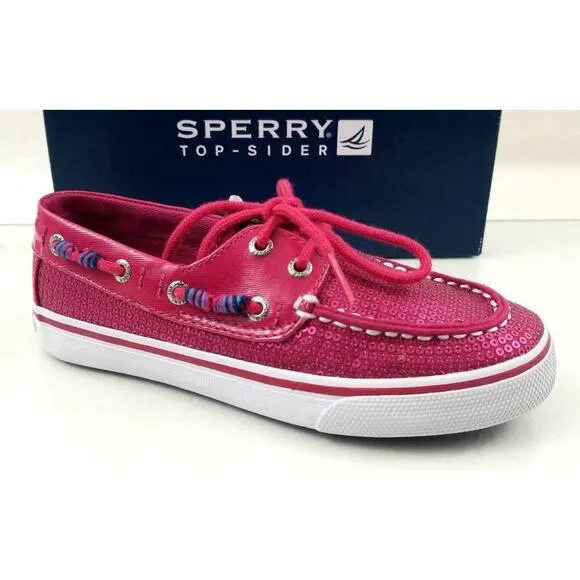 Girls Sperry Top Sider Bahama Lace Up Boat Shoes Hot pink Sequins Size 1.5 M