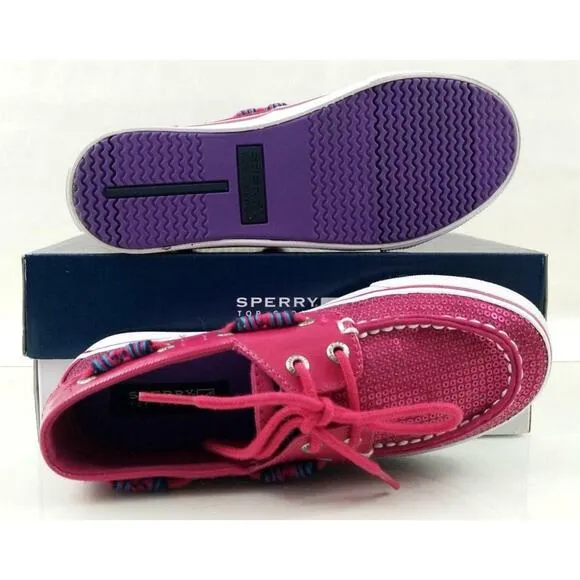 Girls Sperry Top Sider Bahama Lace Up Boat Shoes Hot pink Sequins Size 1.5 M