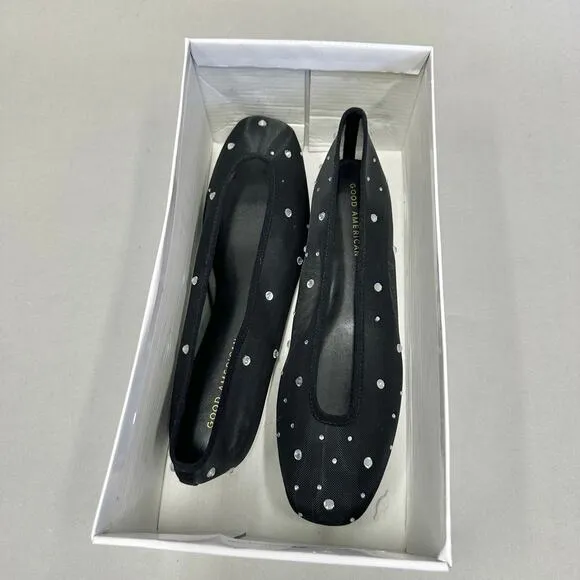 Good American Diamond Mesh Ballet Black Flats Size 10 Crystal Accent New