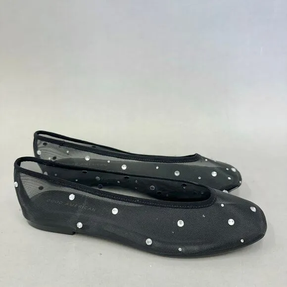 Good American Diamond Mesh Ballet Black Flats Size 10 Crystal Accent New
