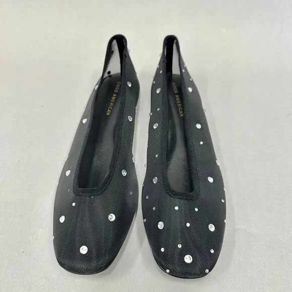 Good American Diamond Mesh Ballet Black Flats Size 10 Crystal Accent New