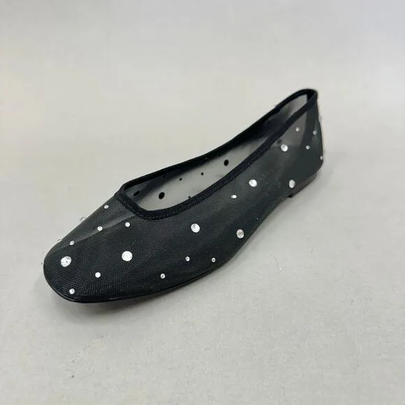 Good American Diamond Mesh Ballet Black Flats Size 10 Crystal Accent New