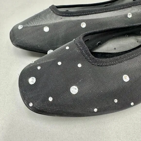 Good American Diamond Mesh Ballet Black Flats Size 10 Crystal Accent New