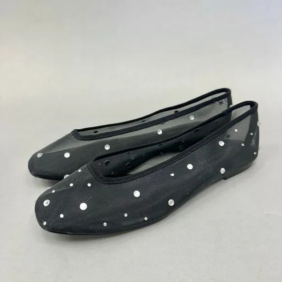 Good American Diamond Mesh Ballet Black Flats Size 10 Crystal Accent New