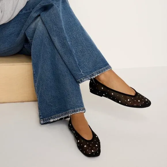 Good American Diamond Mesh Ballet Black Flats Size 10 Crystal Accent New