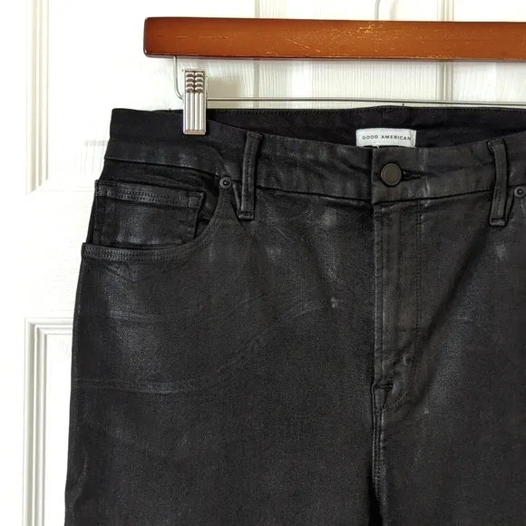 Good American Good Classic High Rise Ankle Cropped Coated Denim Jeans Black 14