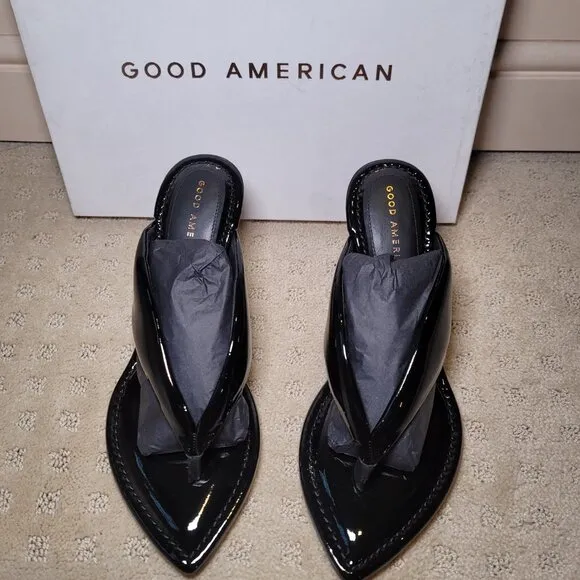 Good‎ American Patent Leather Wedge Sandals Thong Wedges Heels- Black Size 8