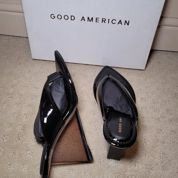 Good‎ American Patent Leather Wedge Sandals Thong Wedges Heels- Black Size 8