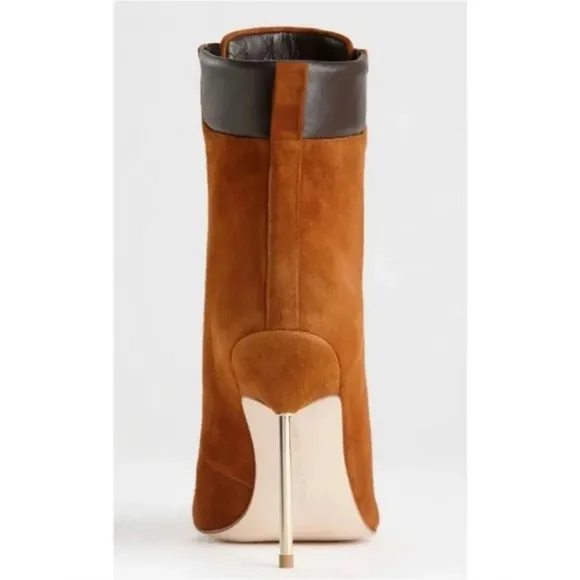 Good American Scandal Lace Up Stiletto Booties Tobacco Cognac