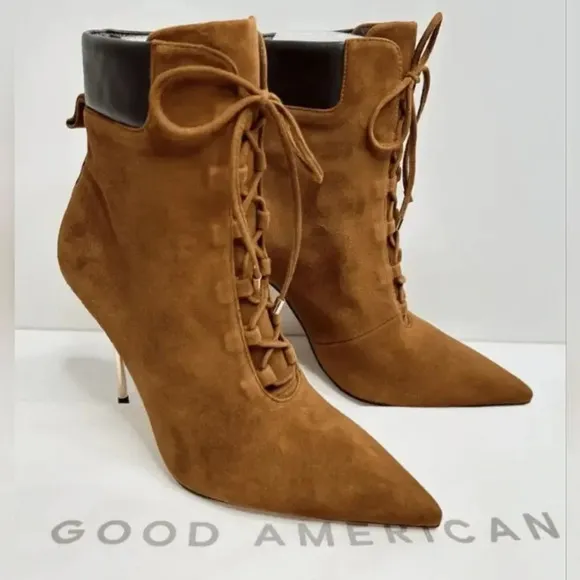 Good American Scandal Lace Up Stiletto Booties Tobacco Cognac
