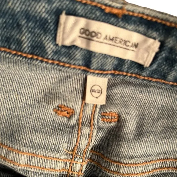 GOOD AMERICAN size 12 denim snap front mini skirt front pockets stretch