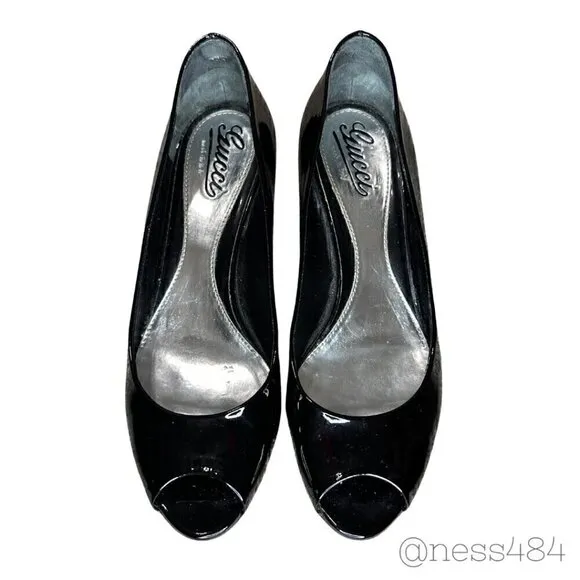 Gucci Black Patent Leather Peep Toe Pumps/Wedges Size EU 37.5/7.5 US