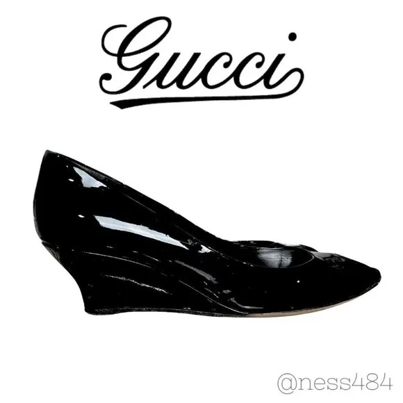 Gucci Black Patent Leather Peep Toe Pumps/Wedges Size EU 37.5/7.5 US