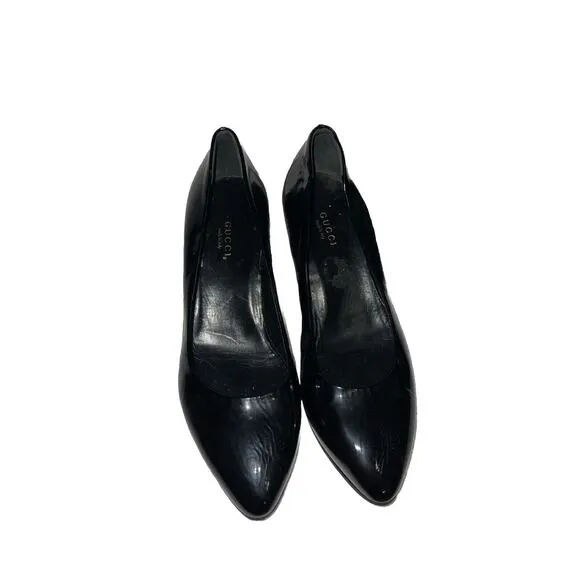 Gucci Black Round Toe Patent Leather Wedges - Size 37.5