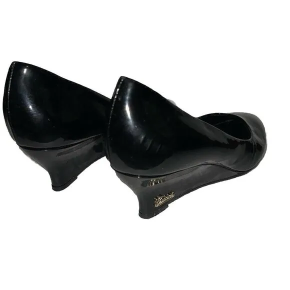 Gucci Black Round Toe Patent Leather Wedges - Size 37.5
