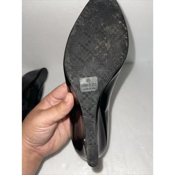 Gucci Black Round Toe Patent Leather Wedges - Size 37.5