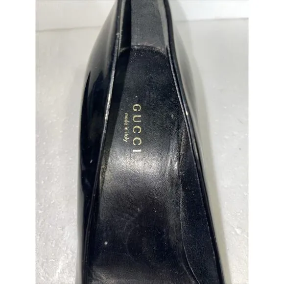 Gucci Black Round Toe Patent Leather Wedges - Size 37.5