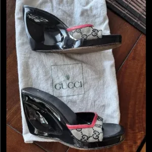 Gucci GG Monogrammed Platform Wedge Sandals Size EU 36 or US 6 w/ Dust Bag