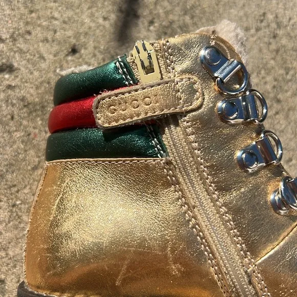 Gucci Gold Leather Lace-Up Combat Boots with Signature Stripe