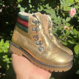 Gucci Gold Leather Lace-Up Combat Boots with Signature Stripe