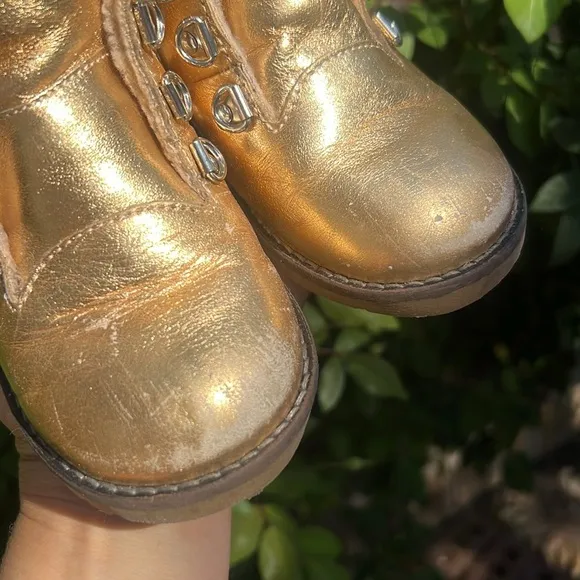 Gucci Gold Leather Lace-Up Combat Boots with Signature Stripe