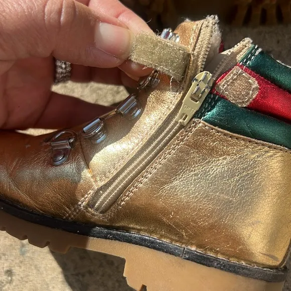 Gucci Gold Leather Lace-Up Combat Boots with Signature Stripe