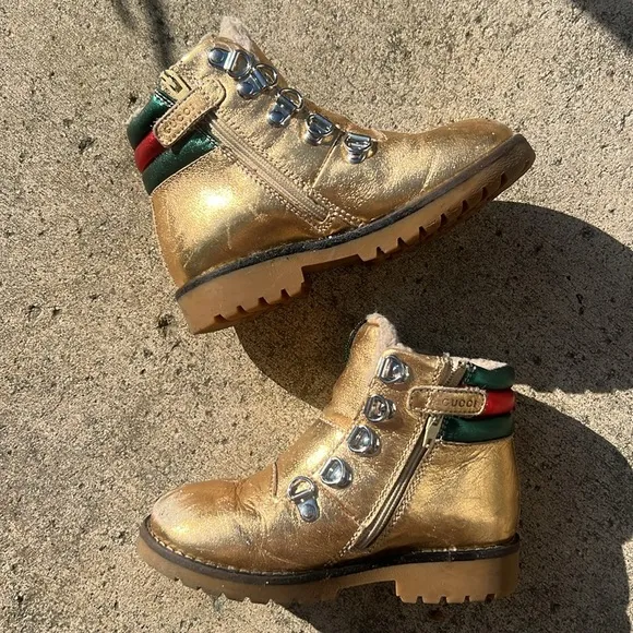 Gucci Gold Leather Lace-Up Combat Boots with Signature Stripe