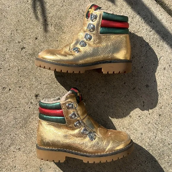Gucci Gold Leather Lace-Up Combat Boots with Signature Stripe